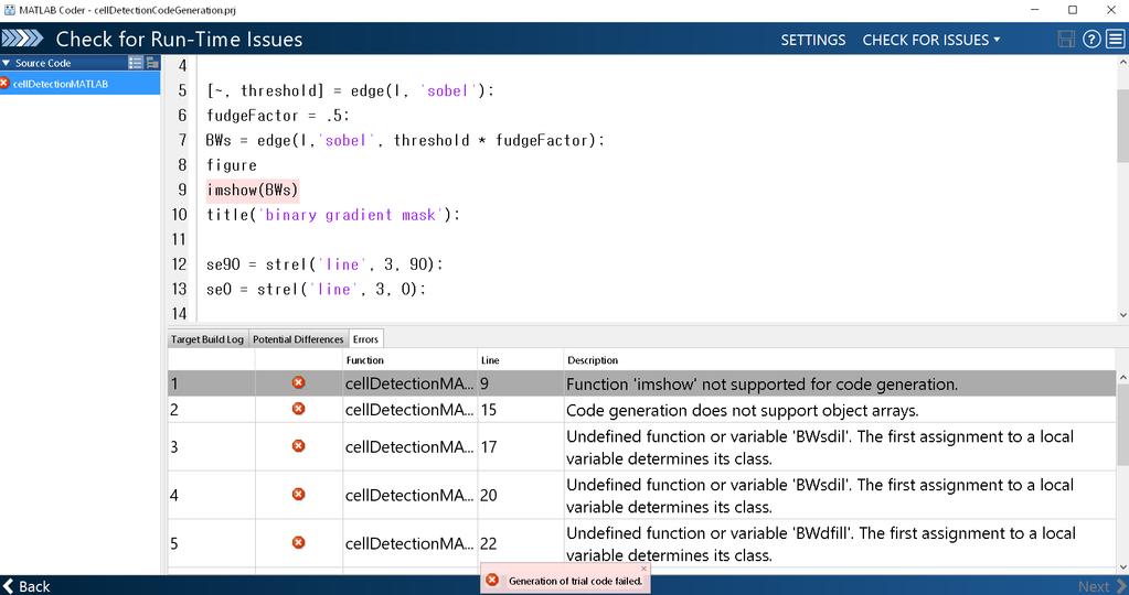 How to check in detail for code generation Check Check for Run-Time Issues in MATLAB Coder App