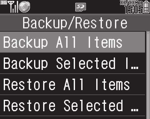 Backup Backup & Restore Handset to Memory Card Follow these steps to back up selected items at once: 1 % S Settings S f Connectivity S Backup/ Restore Backup/Restore Menu 2 Backup Selected Items S %