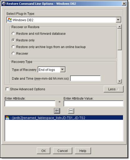 Restore and Recovery Figure 3 Restoring table spaces in a DB2 DPF environment e. Click OK to close the Restore Command Line Options dialog box. 18. (SYSCATSPACE table space from DB2 version 10.
