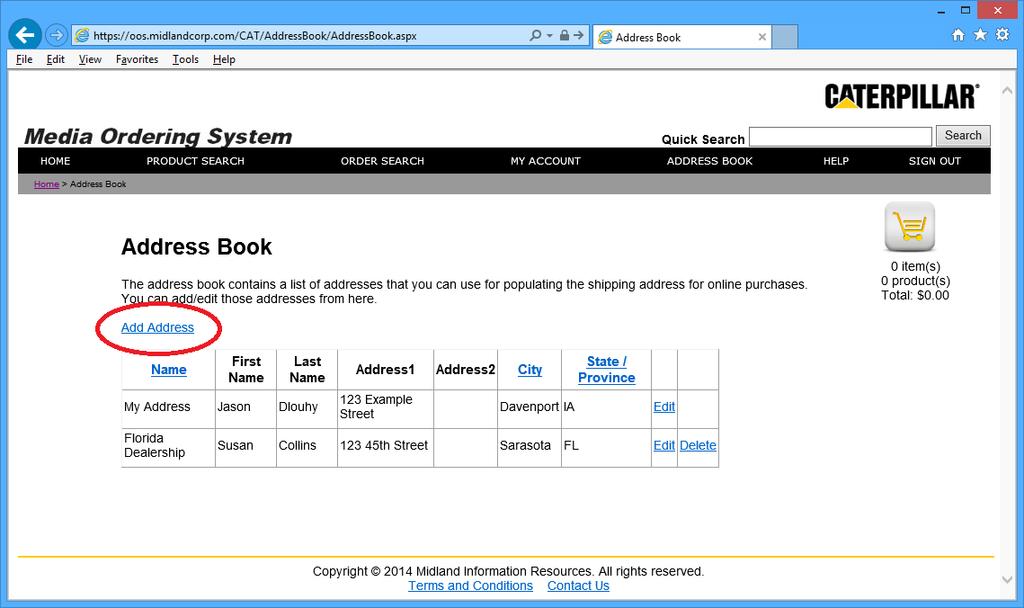 Address Book Use the Address Book page to save addresses that you regularly ship to.