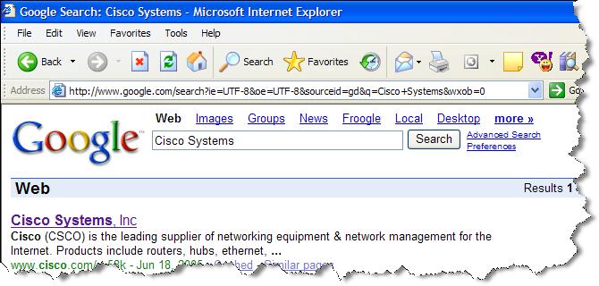 Actions 2. Type Cisco Systems in the search field and then click Google Search. The address bar shows the HTTP request we will create in Desktop Work Flow Administrator(Figure 56). Figure 56.