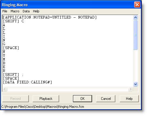 Cisco Desktop Administrator User Guide 4. Enter a new macro action name, and then click OK. The Macro Editor window appears (Figure 61). Figure 61. Macro Editor window with a macro script displayed 5.