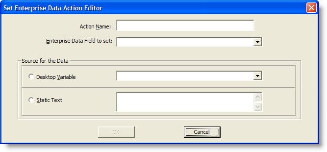 Actions To set up a Set Enterprise Data action: 1. Set up a new action. See Adding a New Action on page 98. The Select Action window appears. 2. Select the Set Enterprise Data tab, and then click New.