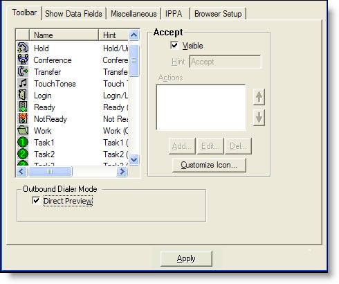 Cisco Unified CCX Outbound Preview Dialer To configure the Outbound Dialer toolbar to appear: 1. In the User Interface window, select the Toolbar tab. 2.