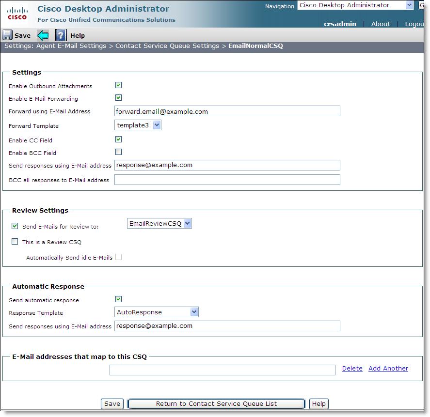 Cisco Desktop Administrator User Guide Configuring a CSQ 1. When you have found the CSQ you want to configure, click its name. The settings page for the selected CSQ appears. Figure 101.
