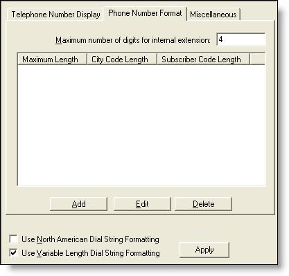 Dial Strings You can establish as many formats as you want, as long as each one has a unique total length. Figure 12. Phone Number Format tab To add a new phone number format: 1. Click Add.