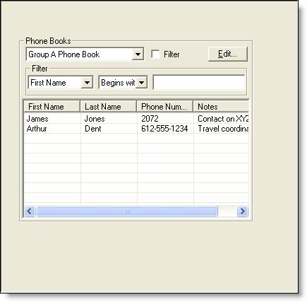 The work flow group Phone Book window (Figure 14, right) enables you to set up and manage the work flow group phone books that are shared by agents in specific work flow groups.