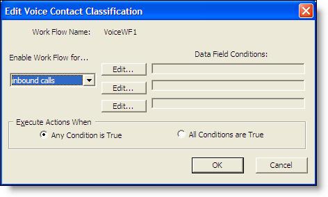 Voice Contact Work Flows Setting Up a New Voice Contact Classification When you select the Voice Contact Work Flow node in the navigation tree, the Voice Contact Work Flow List window is displayed.