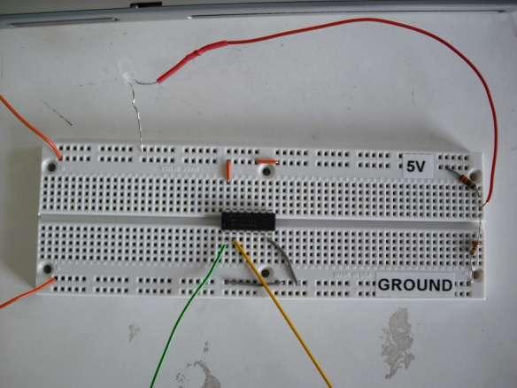 If you plug the LED end into a place on your breadboard that is at high voltage (+5 V), the LED lights up red. If you plug it into a place that is at ground, the LED lights up green.
