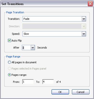 For example, you might choose a simple transition, such as a fade, and use the same transition throughout your presentation. To add a page transition: 1. Open a multiple-page document in Acrobat. 2.