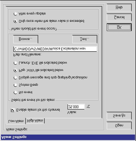 9934 LogWare User s Guide alarms for the selected channel. The current Low Alarm or High Alarm settings can be changed by selecting the appropriate tab.