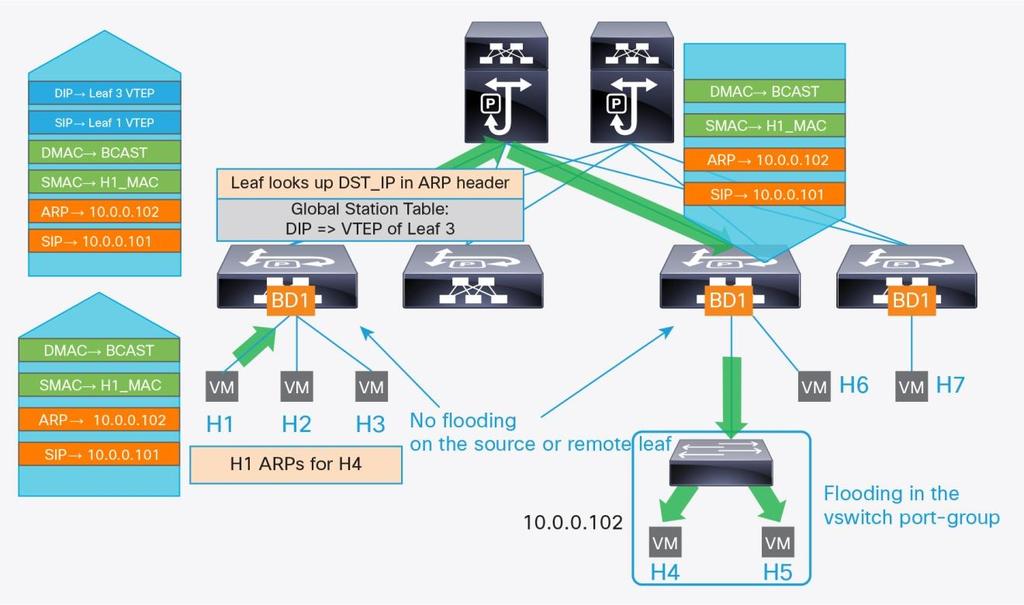 The SVI of each leaf node sends this ARP request in the bridge domain. The ARP packet in this case is generated by the Cisco ACI fabric. This feature is called ARP gleaning.