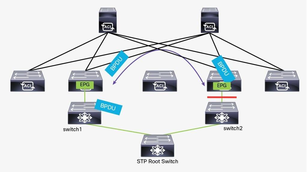Figure 46. Fabric BPDU Flooding Behavior The interactions between the Cisco ACI fabric and the Spanning Tree Protocol are controlled by the EPG configuration.