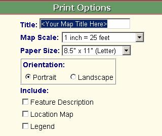 Print Prints a map with an optional legend, location map, and map feature description. Click on the Print button in the Map Toolbar.