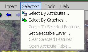 Selection Menu Selection Drop Down Menu Options: Select By Attributes Select By Graphics Zoom to Selected Features Set Selectable Layer Clear Selected Features Open Attribute Table Select By