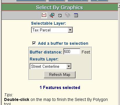 Create Buffer Check Box Choose Layer to select features from Selected Feature Specify Distance Selected Feature from Results Layer Buffer With at least one map feature selected, a buffer can be