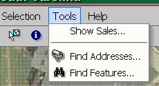 Tools Menu Tools Drop Down Menu Options: Show Sales (identify similar properties) Find Addresses Find Features Show Sales Similar properties can be identified and located using the Show Sales