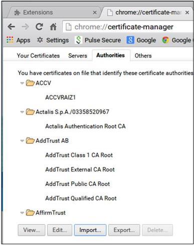 Importing Public Key Certificate of the Issuer of the PCS Gateway To import the public key certificate: Go to the chrome tab chrome://certificate-manager.