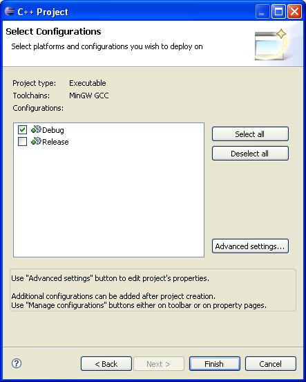 select Empty Project and GCC (i.e., MinGW on Windows).