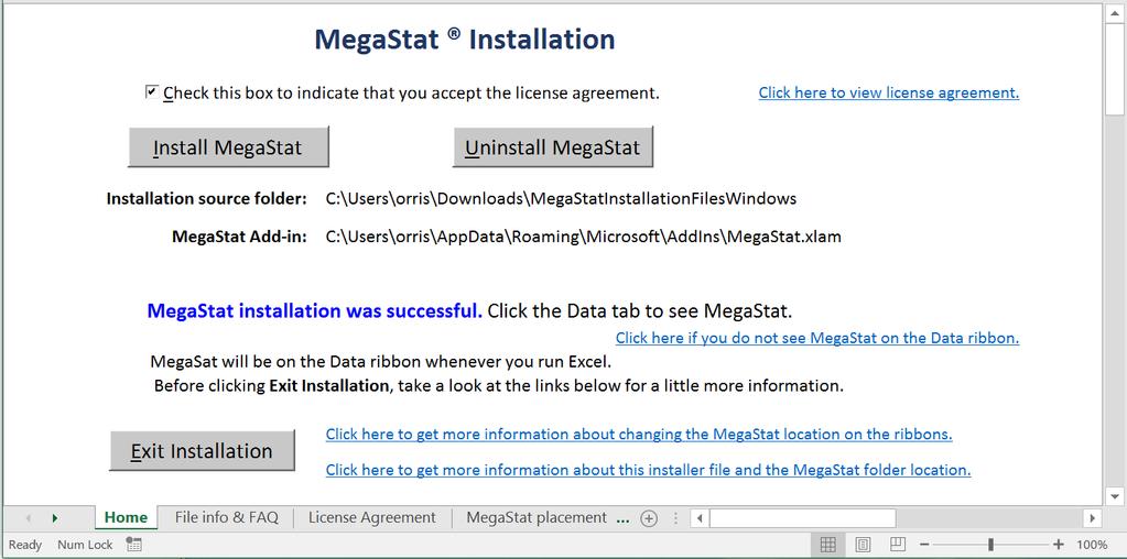 The installer after clicking Install MegaStat: If you prefer to install MegaStat without using the installer workbook there are manual installation instructions below.