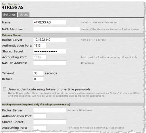 3. On the Settings tab, enter the following attributes. Name Specify a name to identify the server instance. Radius Server Specify the name or IP address.