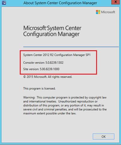 Verify the Installation Verify from SCCM Console Open the SCCM Console click on the upper left corner on the blue arrow select About Configuration Manager The Console has been upgraded to SCCM R2