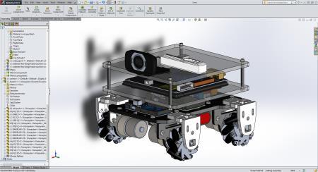 The CAD design of the Omni Car with Solidworks 2015 is illustrated in Figure 3. The main material of our mechanical system is made of acrylic, and cut by laser-cutter in the PRL.
