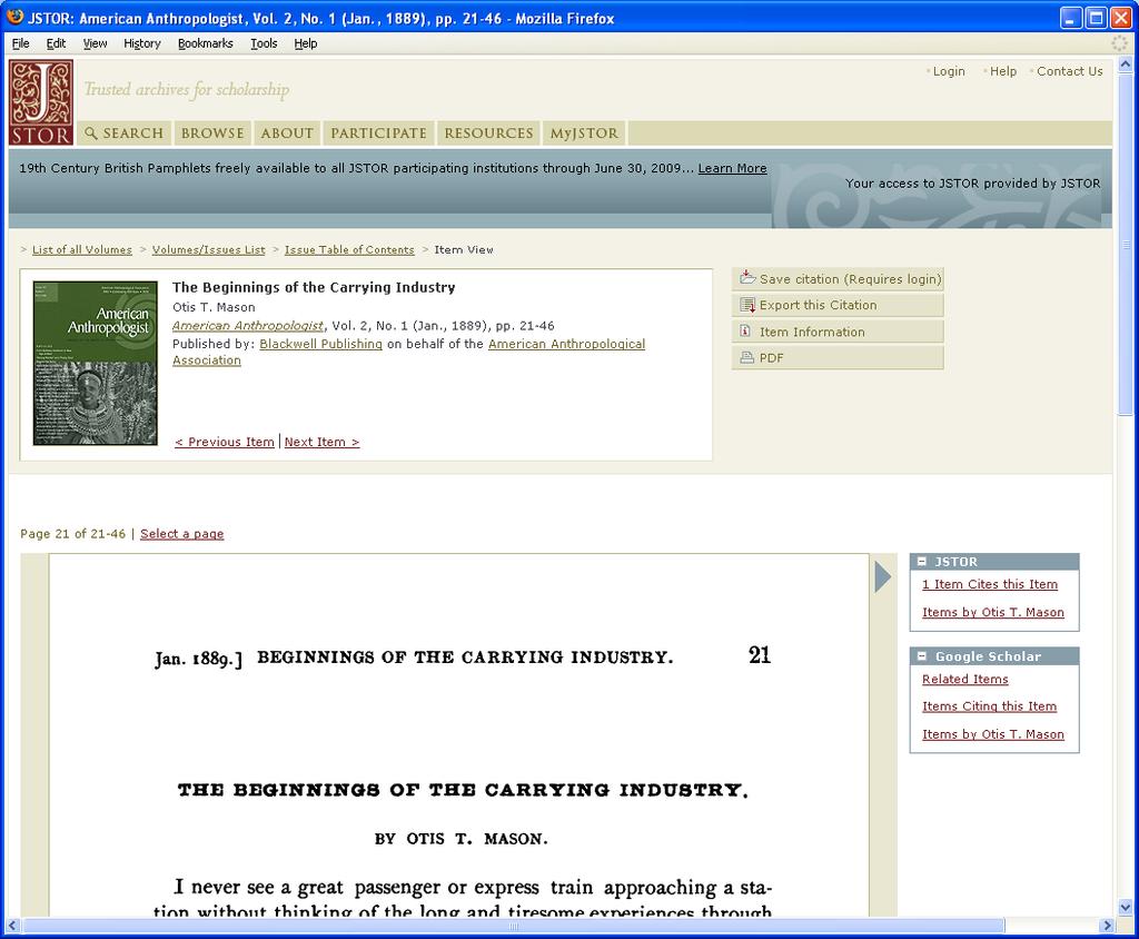 Item Navigation Page view: Citation at top of page Buttons to save or export citation, see item information, and