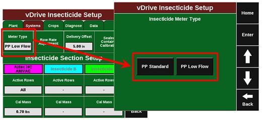 4.3 Added Low Flow insec cide meter type On the vdrive Insec cide setup page select between PP