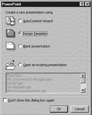 1 Starting Powerpoint 2000 (Windows) When you create a new presentation, you re prompted to choose between: Autocontent wizard Prompts you through a series of questions about the context and content