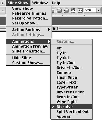 Instead, Preset animation effects which may also include sounds can be selected from the Animation submenu under the Slide Show menu. This menu is also available in the Windows version.