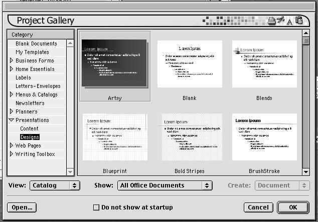 2 Starting Powerpoint 2001 (Macintosh) When you start Powerpoint, by default, the Project Gallery appears which allows you to start a variety of projects involving any of the Microsoft Office
