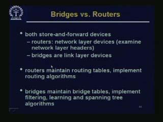 (Refer Slide Time: 44.26-46.15) Now let us compare a bridge with a router. Both are store-and-forward devices.