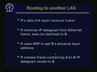 (Refer Slide Time: 07.23) R s data link layer will receive this frame on that particular adaptor. R removes IP datagram from the Ethernet frame.