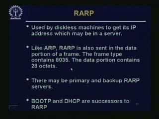 (Refer Slide Time: 12.08) What is RARP? RARP stands for reverse ARP. What is ARP? ARP is used to find the MAC address of the machine having a particular IP address and RARP is the reverse.