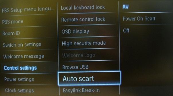 [Power On Scart]: Enables auto TV start On/Off when detecting Scart break-in. (never use this feature without a connected STB) [Off]: Disables auto Scart switching or break-in.