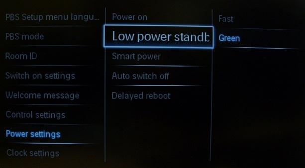 The Low power standby option defines the TV to enter a specific standby mode after pressing the On/Off button on the remote control.