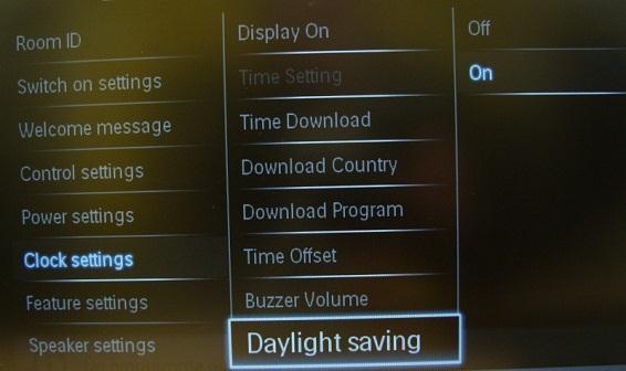 Audio Clock Time Alarm (buzzer): [Set]: Off, On Set the Daylight saving options: [Set]: Off, On Check [Feature settings] (on