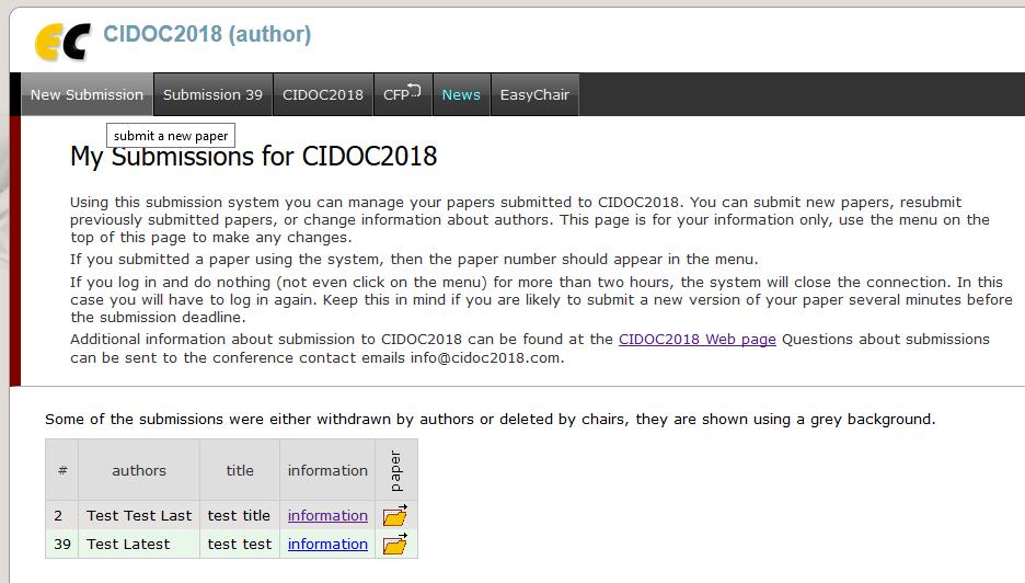 2. Submit your abstract(s) After logging in to the EasyChair website for CIDOC 2018, you click on the New Submission link located in the top-left corner of the menu bar to submit a new abstract