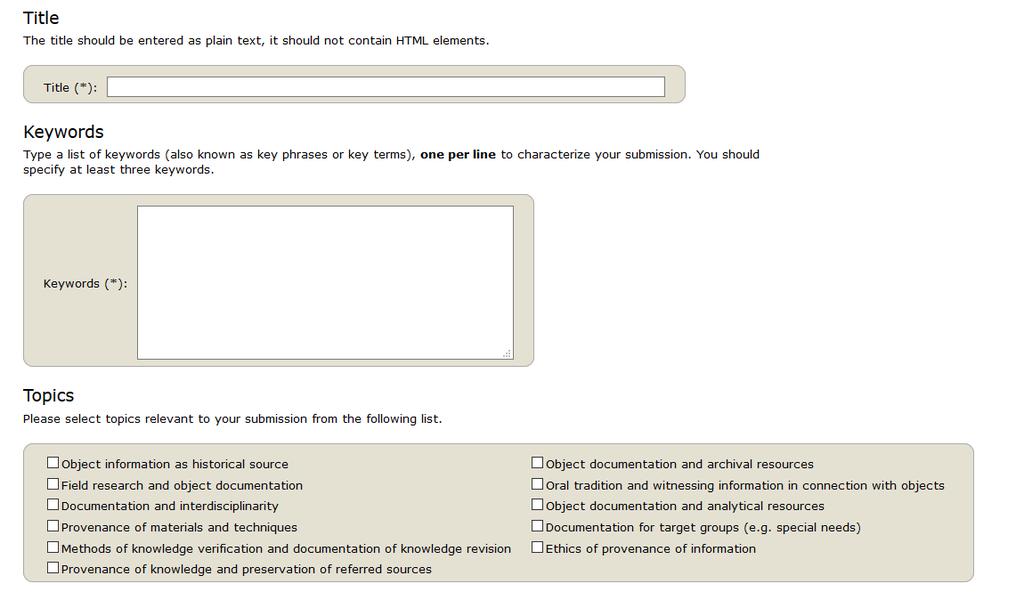 Fill out the fields for the abstract title, the keywords and the related topics (as shown in Figure 6).