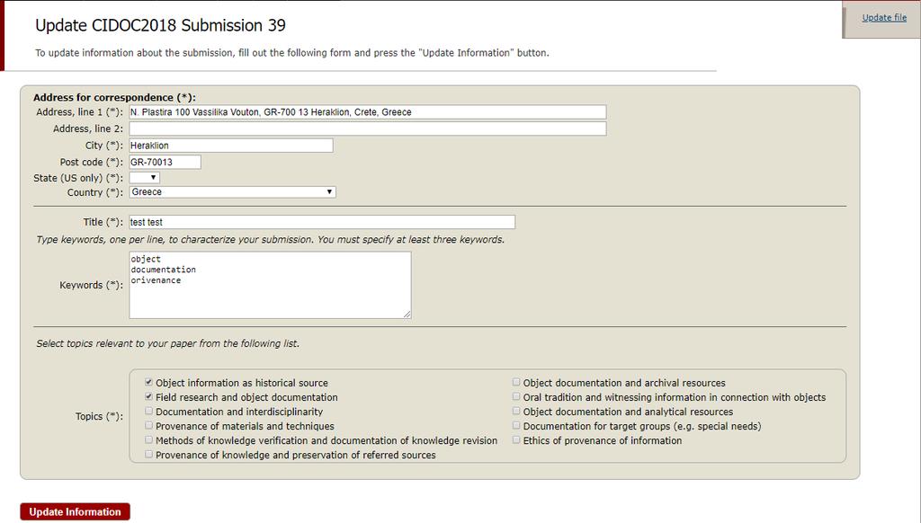 Submission screen to change the correspondence address, the title, the keywords and the topics of your