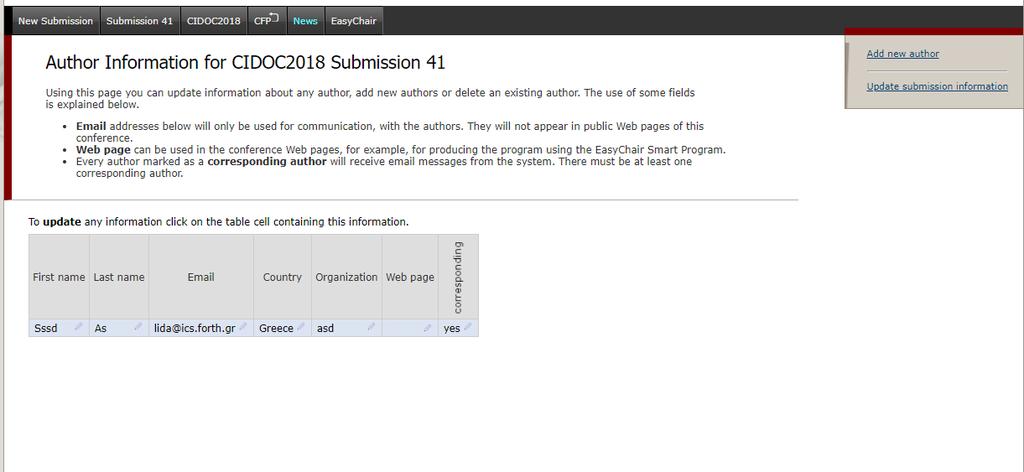 Updating author information for your submission: select Update authors to modify any information about the