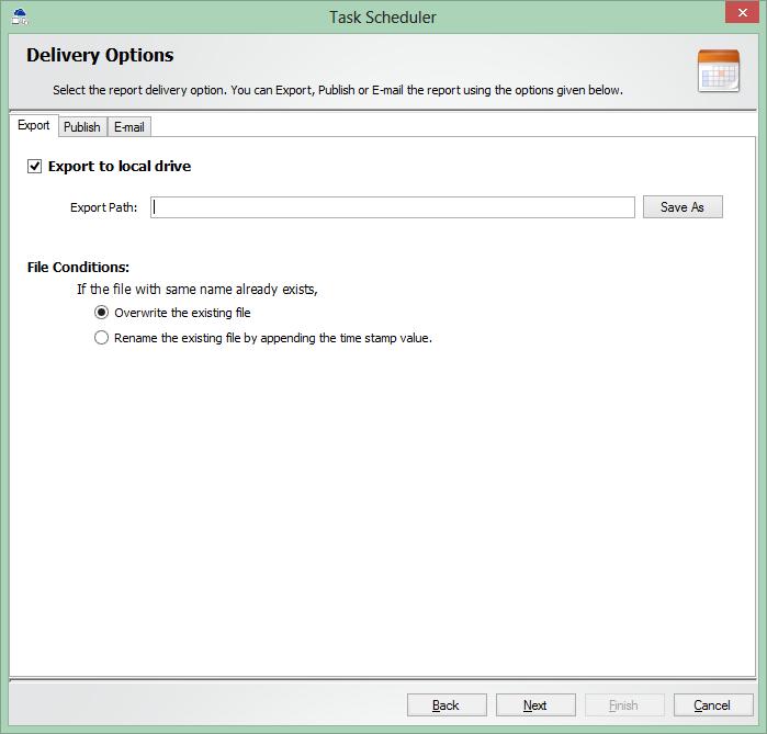 Step 3: Delivery Options In this window, select a delivery option, to export / publish / e-mail the generated report on scheduled run. This window appears as shown below.