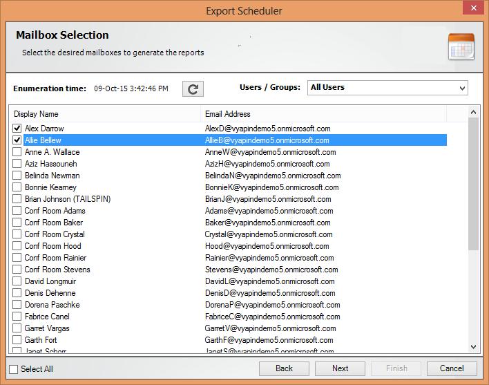 Step 2: Exchange object selection Based on the type of report selected, list of Mailboxes, Groups, Public Folders, Contacts and Users will be displayed in this window.