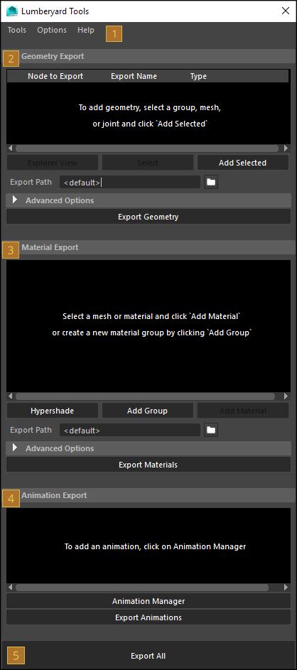 4. Click on the Lumberyard Tools button to launch the UI for the tools. You have successfully accessed the Maya Lumberyard Tools. Next, we will go over UI for the tools.