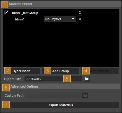 Main Export Window Lists any existing meshes or skeletons selected for export. 2. Selection Buttons The Add Selected button adds selected geometry to the export window.