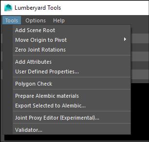 Overview of the Maya Lumberyard Options Menu 1. Add Scene Root - Creates a scene node that re-orients exported nodes relative to the displayed orientation. 2.