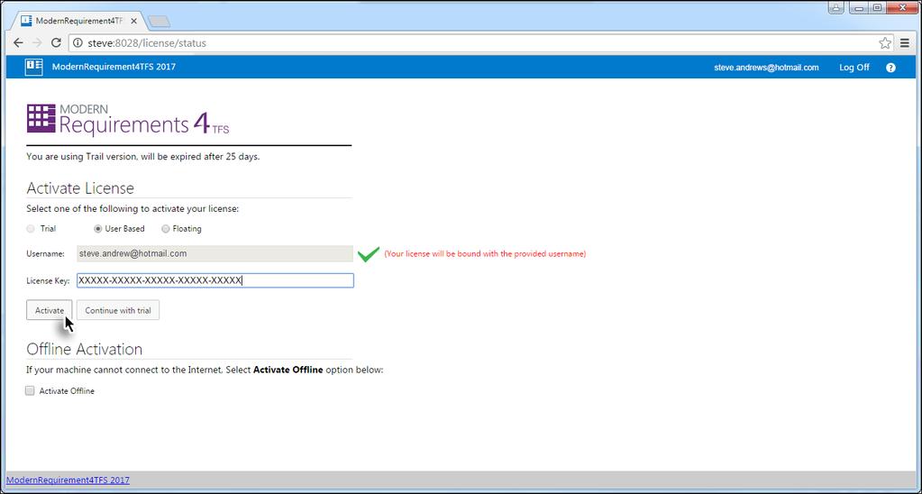 4. Enter the relevant license key and click Activate.