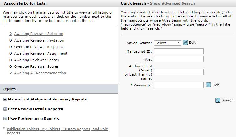 Clarivate Analytics ScholarOne Manuscripts Editor User Guide Page 11 ASSOCIATE EDITOR VIEW The Associate Editor View of papers in process is broken out into actions; Select, Invite and Assign