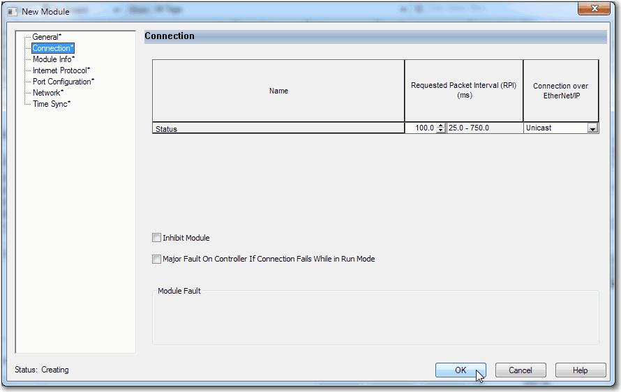 Chapter 4 Add an EtherNet/IP Communication Module to a Controller Project 6. On the New Module dialog box, click the Connection category and complete the tasks: a.